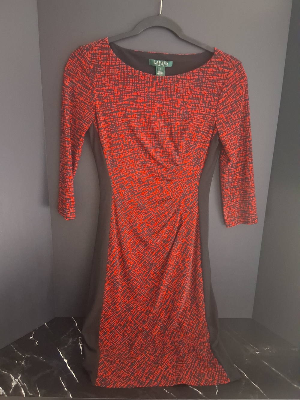 Lauren Ralph Lauren Red/ Black Geometric Print Sheath Size0 Elegant Vintage Vibe